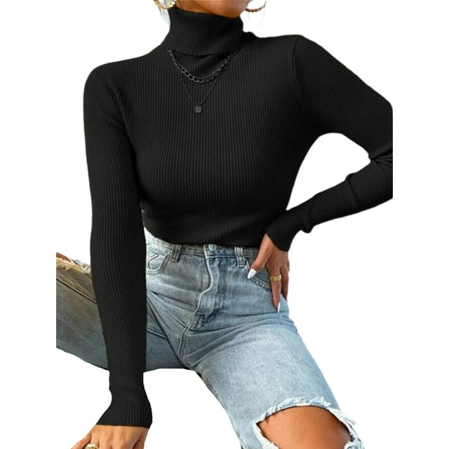 UKAP Chandails Tricotés pour Femmes Col Roulé Chandail Manches Longues Basique Noir G