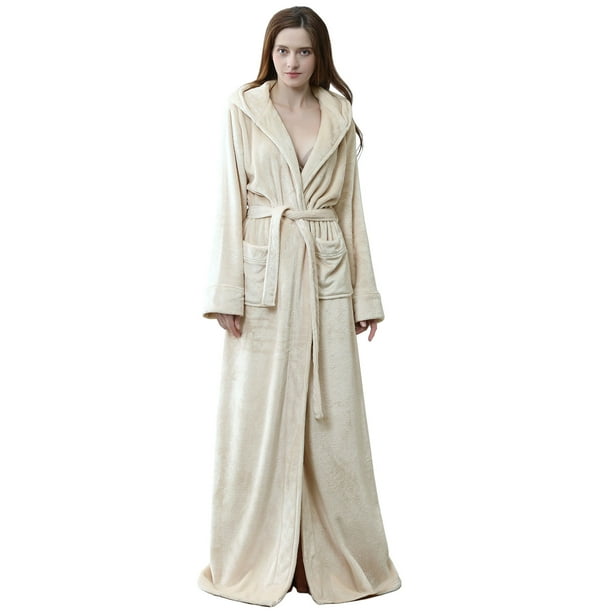 Artfasion Women Long Hooded Robe Soft Flannel Fleece Full Length Bathrobe  Winter Warm Housecoat Shower Nightgown