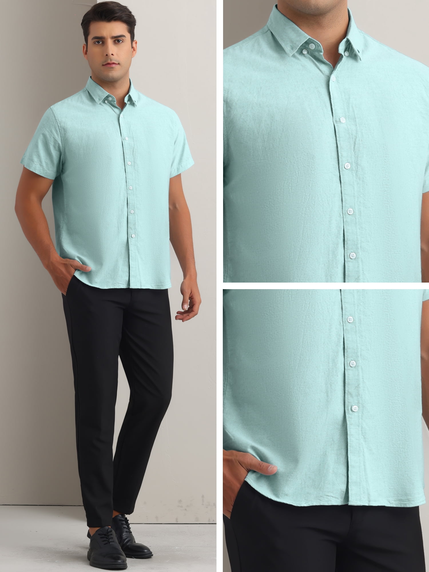 Unique Bargains Men's Short Sleeve Cotton Regular Fit Button Down Formal Shirt M Green