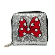 Disney Wallet, Square Zip Around, Minnie Mouse Bow and Script with Silver Glitter Sparkle, Black Vegan Leather