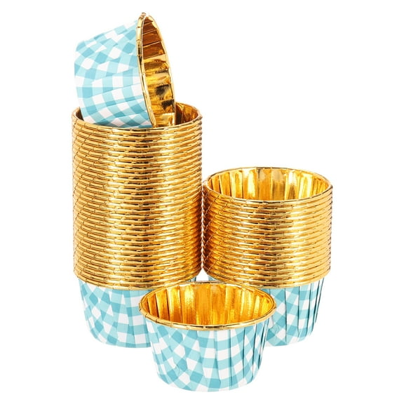 Uxcell 50 Pcs Single-sided Aluminum Foil Cupcake Liners, Greaseproof Muffins Baking Cupcakes for Wedding Birthday Party Decoration, Blue (Round-Grid)