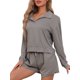 thumbnail image 4 of INSPIRAR CHIC Conjuntos de Pijamas para Mujeres de 2 Piezas, Ropa de Lounge, Tejido Waffle, Conjuntos a Juego, Top de Manga Larga y Pantalones Cortos con Bolsillos, 2XL Gris, 4 of 5