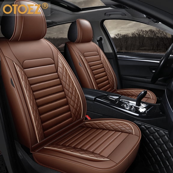 OTOEZ Waterproof Leather Car Seat Covers Set Universal Custom Fit Cushion Protector, Coffee