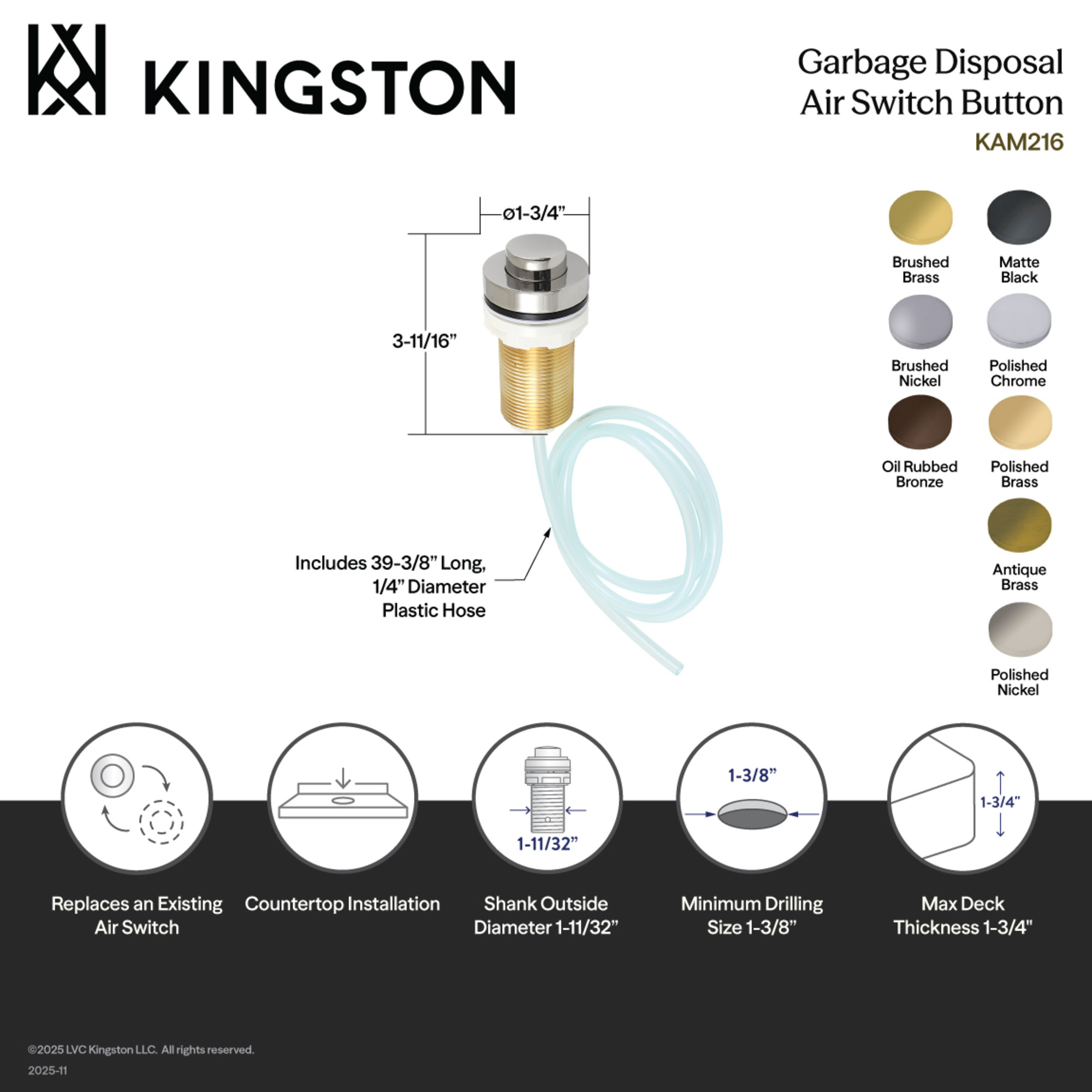 Kingston Brass KAM216 Trimscape Garbage Disposal Air Switch Button in Polished Nickel