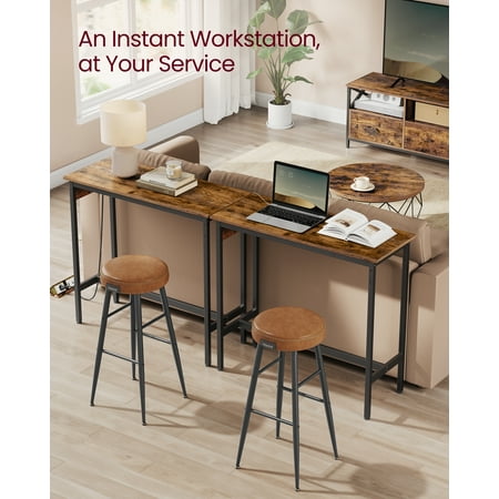 Narrow Long Bar Table for Kitchen & Dining, Sturdy Metal Frame with Built-in Charging Station, Industrial Style, 15.7x39.4x35.4 Inches, Rustic Brown and Ink Black