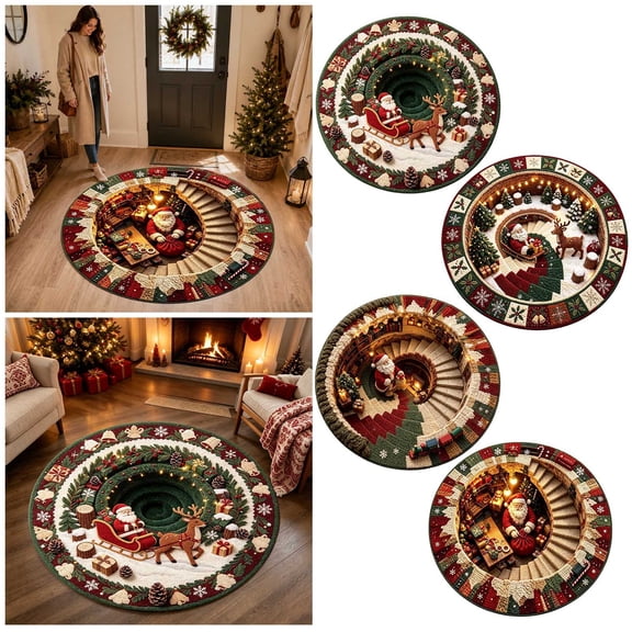 3D Visual Christmas Round Area Rug 23.62", Snowy Spiral Stair Santa Sleigh, Velvet Non- Washable Stain Resistant Floor Mat for Living Room Bedroom Holiday Decor