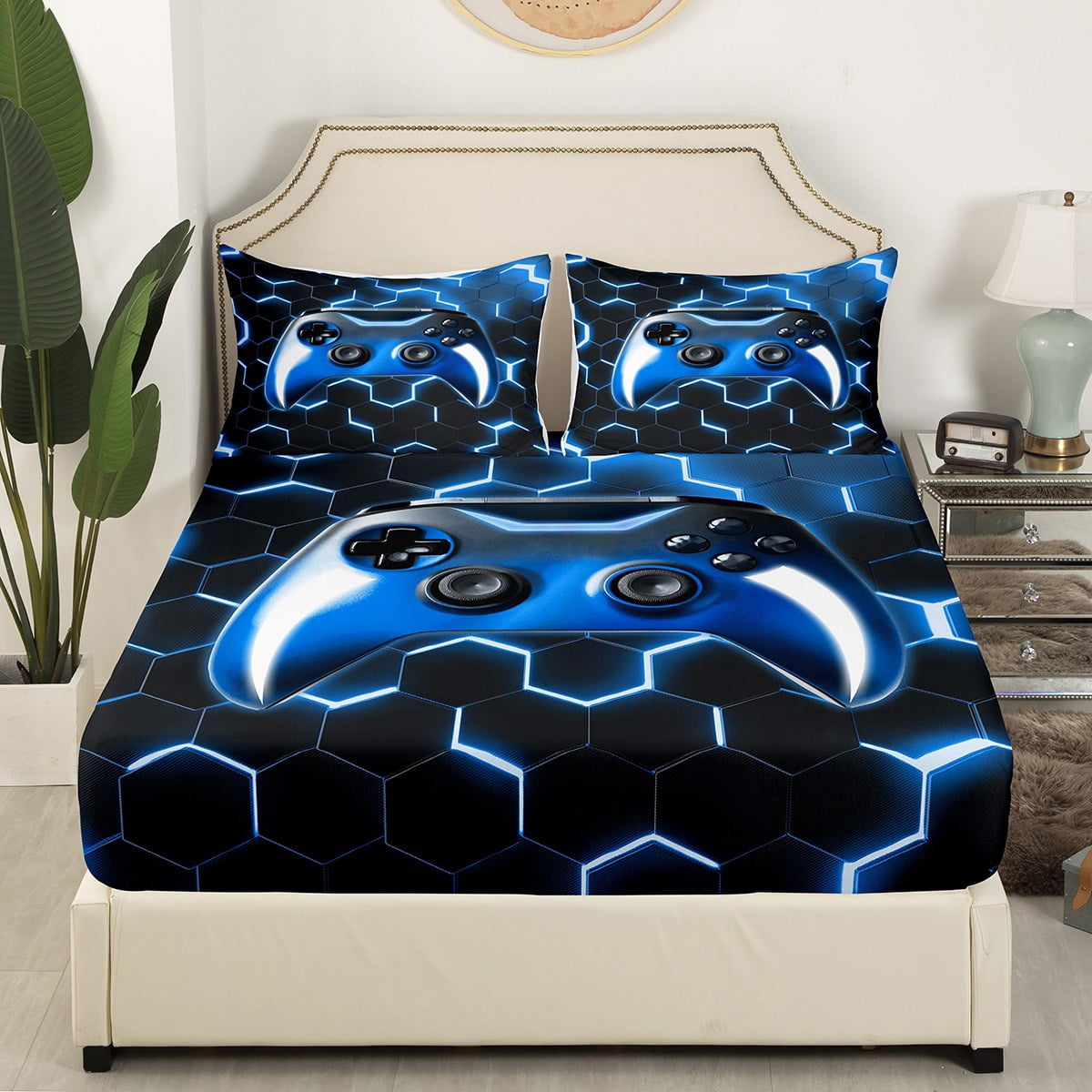 Gamer King Comforter Set – 3D Indigo Blue Gaming Bedding For Boys, Teens, Men, 3-Piece Quilt Set With Hexagon Design