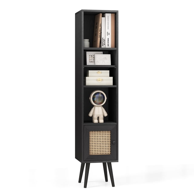 Patiojoy Slim Tall Rattan Storage Cabinet Boho Accent Bookshelf w/ Rattan Door 12-Position Adjustable Shelf & Solid Wood Legs Black