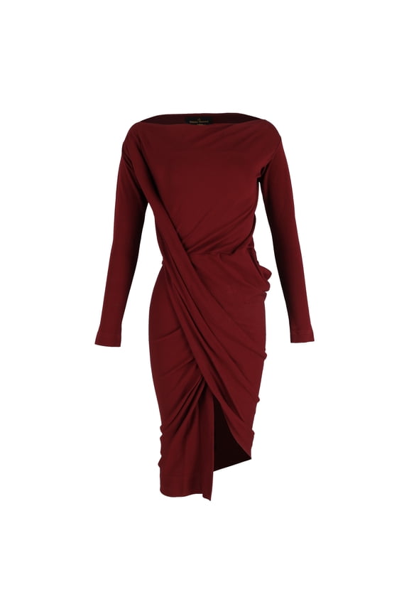 Pre-Owned Vivienne Westwood Knee-Length Long Sleeve Draped Dress in Maroon Cotton