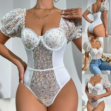 Abomasnow Lingerie for Women Sexy Tummy Control Snap Crotch Teddy Babydoll Bodysuit One Piece Short Sleeve Wireless Flower Print Nightwear on Clearance