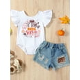 thumbnail image 2 of GXFC Little Girls Fashion Shorts Outfits Kids Girls Fly Sleeve Letter  Rompers Tops and Ripped Denim Shorts 2Pcs Casual Summer Clothes Set for Kids Girl 1-6T, 2 of 9