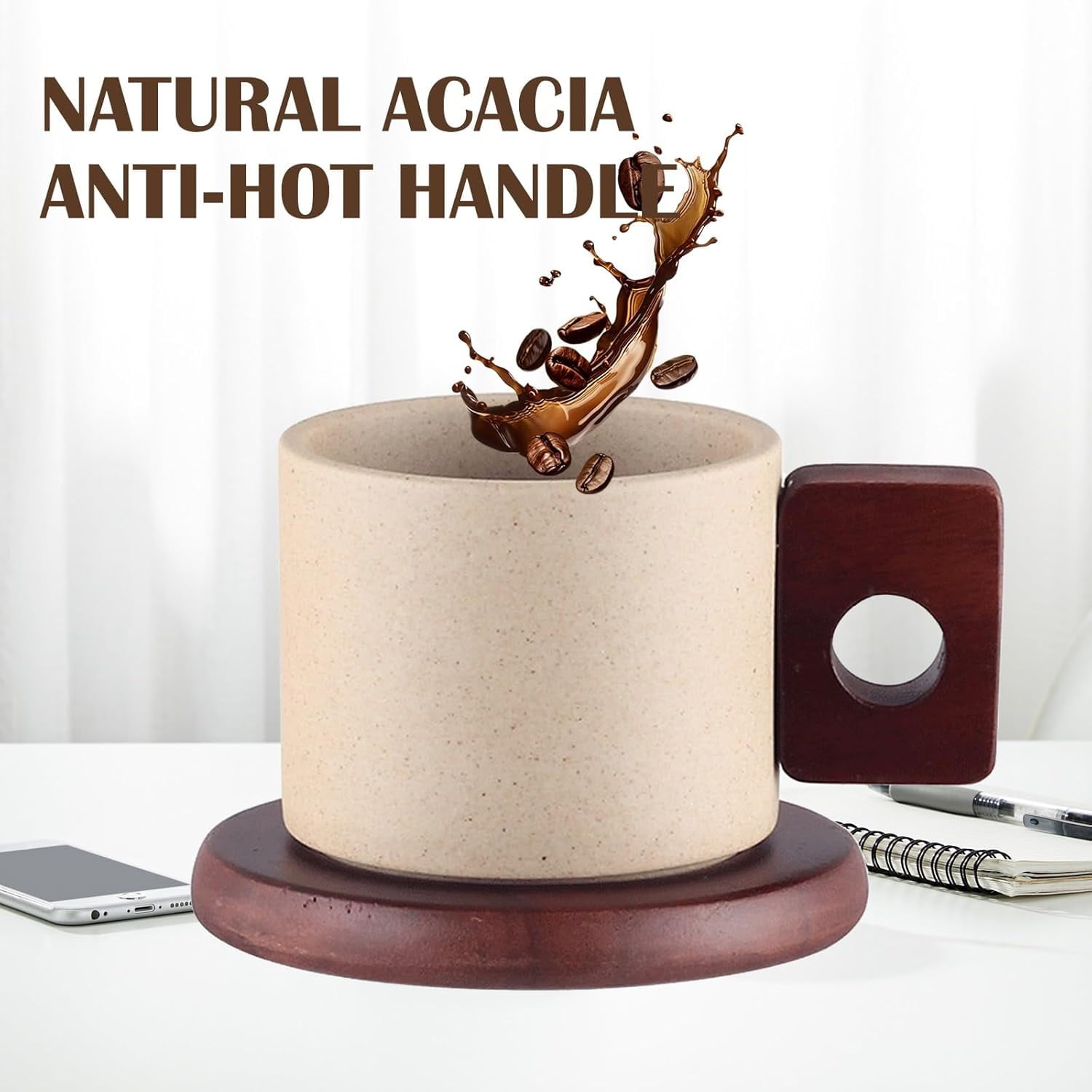 ABPETE Japanese-Style Ceramic Mug Set,8oz Unglazed Porcelain Cup with Acacia Wood Saucer & Handle for Espresso, Latte & Tea​