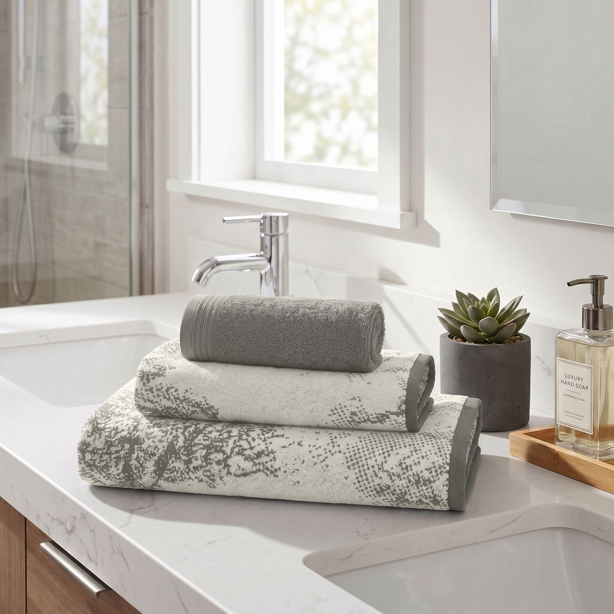 Superior Marble and Solid Jacquard Assorted Cotton 3 Piece Towel Set, Ivory - Charcoal