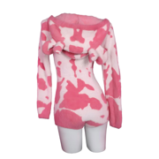 MOBBUNNY Women's Pink Milk Cow Pattern Fluffy Jumpsuit Cute Hooded Bodysuit for Homewear