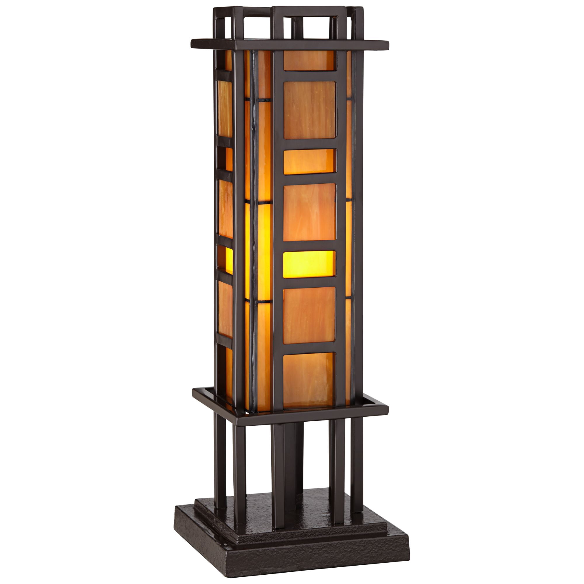 Robert Louis Tiffany Prairie Mission Accent Table Lamp 20" High Bronze Geometric Metal Amber Stained Glass for Bedroom Living Room Bedside Nightstand