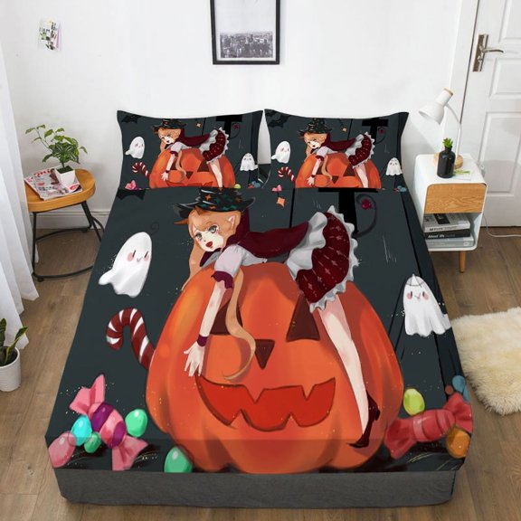 Milsleep Bedding Sheets Bed Cover Sets Cartoon Happy Halloween Painting Fitted Cover Queen Size Home Textiles,Queen (60"x80")