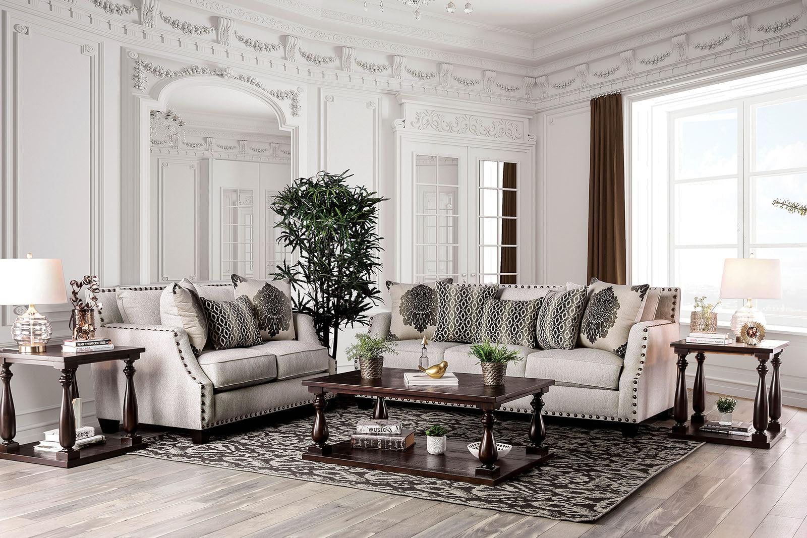 Beige Chenille Transitional Sofa and Loveseat Set with Nailhead Trim