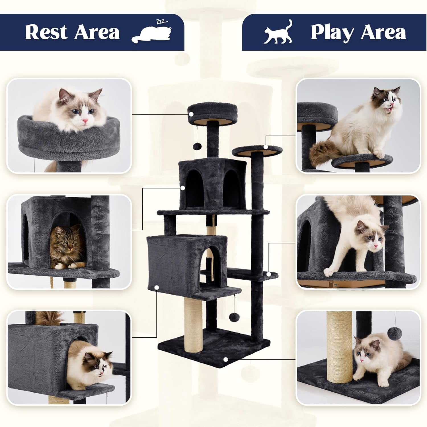58 Inch Cat Tree Cat Tower for Indoor Cats Tall Cat Condos Scratching Post with Hanging Toy Furniture for Kitten Pets Play, Grey Black