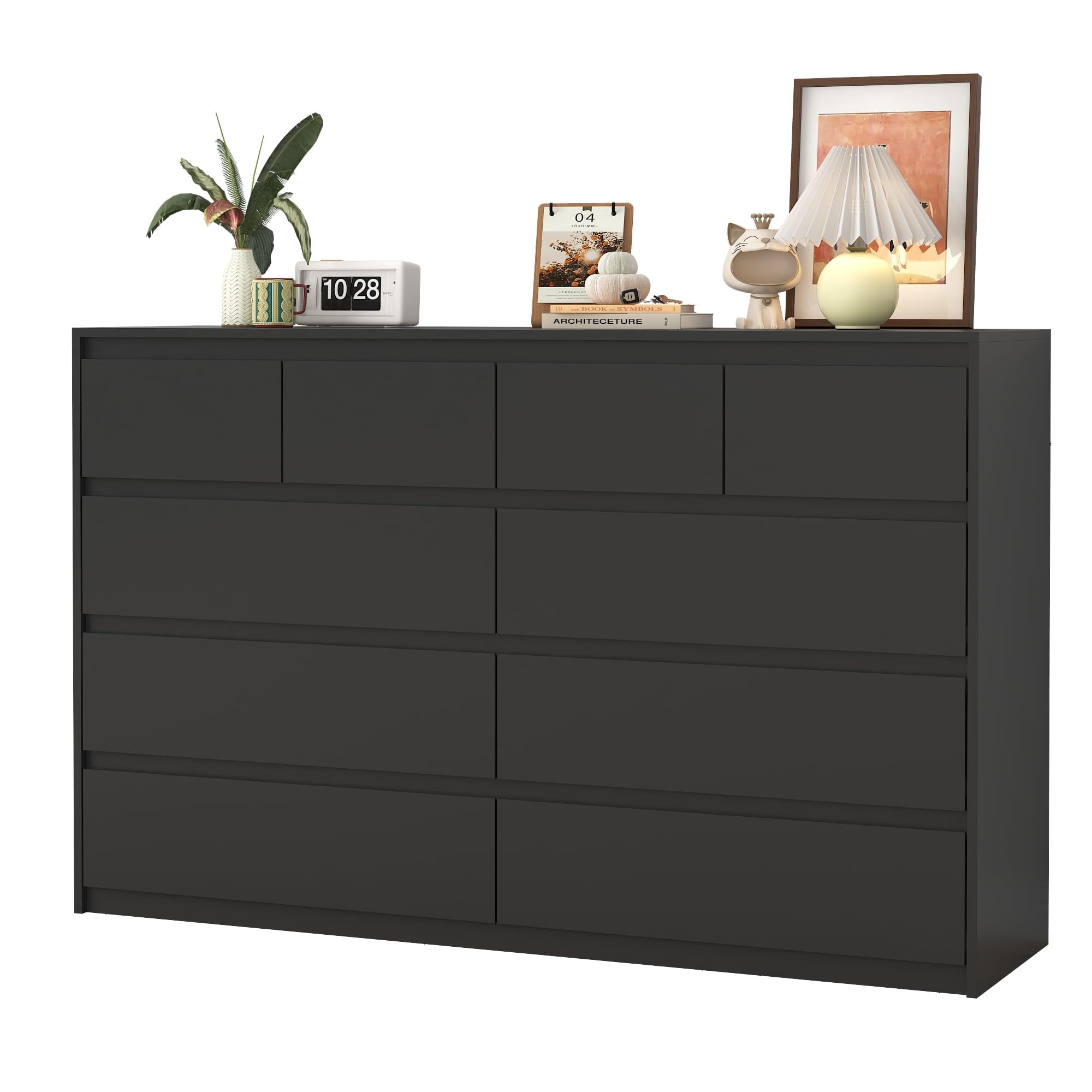 ChVans Black Malm 10 Drawers Dresser for Bedroom, 55" Wide 37" Tall Dresser with 10 Drawers, Modern Large Wood Chest of Drawer Handle Free, Living Room, Entryway, Hallway, Black