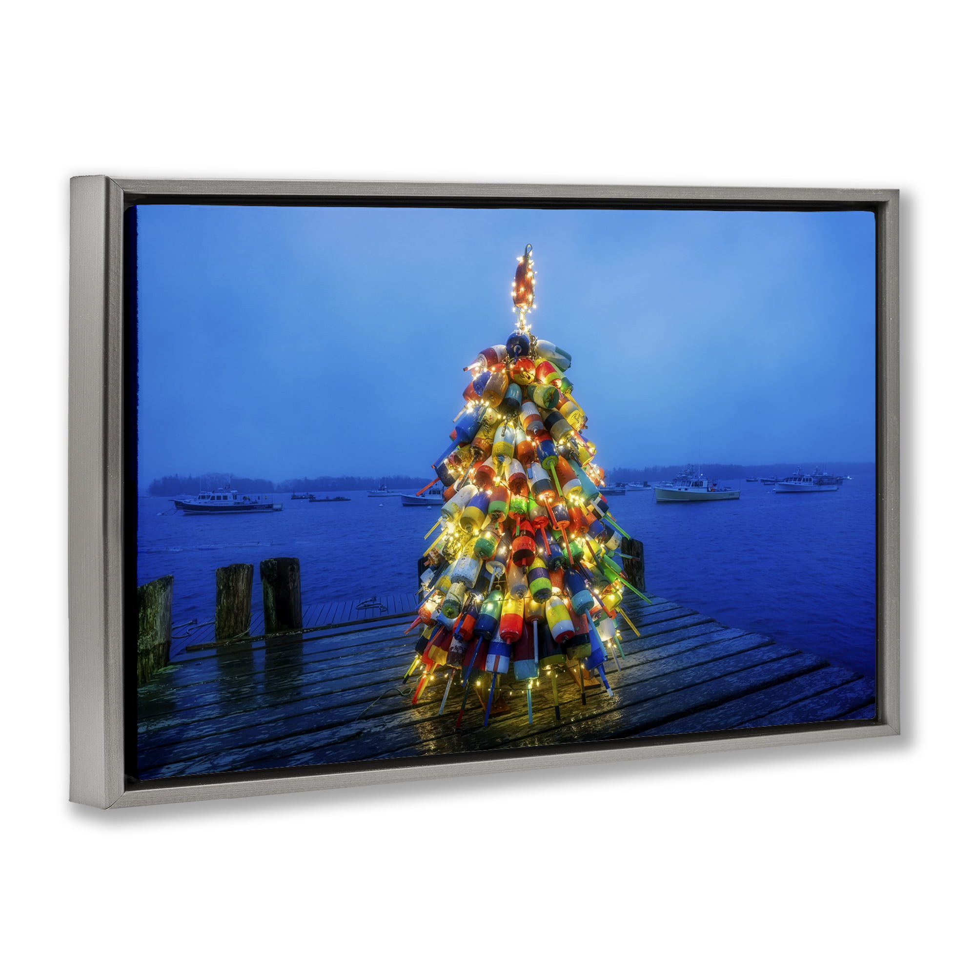Stupell Industries Lit Bouys Christmas Tree Holiday Painting Gray Floater Framed Canvas Art Prints Wall Art, 31 x 21