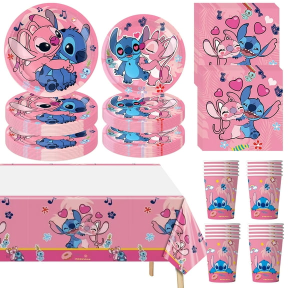 81 PCS Pink Stitch Tableware Set, Stitch Plates and Napkins Party Supplies Includes 40 PCS Paper Plates, 20 PCS Napkins, 20 PCS Paper Cups and 1 PCS Tablecloth
