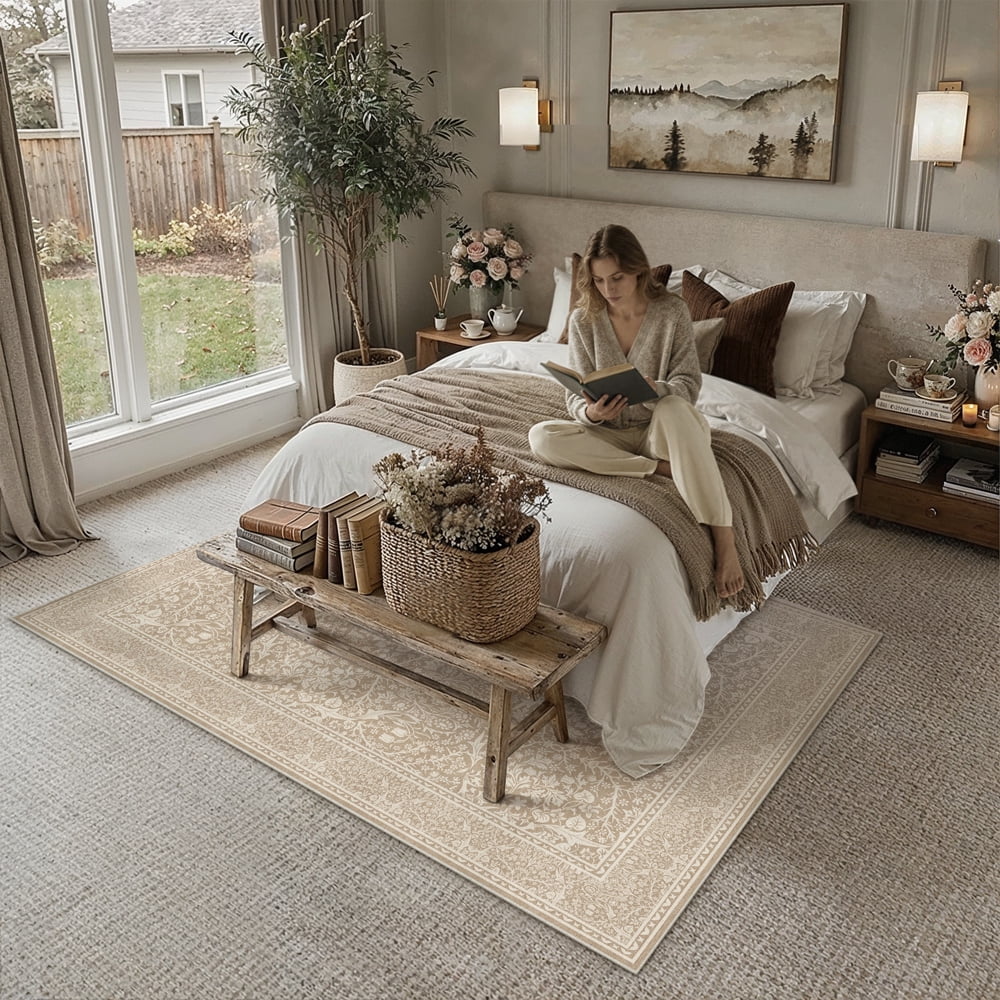 BERTHMEER 6'x9' Area Rugs for Living Room Bedroom Dining Room Farmhouse Kitchen Office Oriental Vintage Traditional Floral Rugs Machine Washable Non Slip Indoor Carpets,Beige Brown
