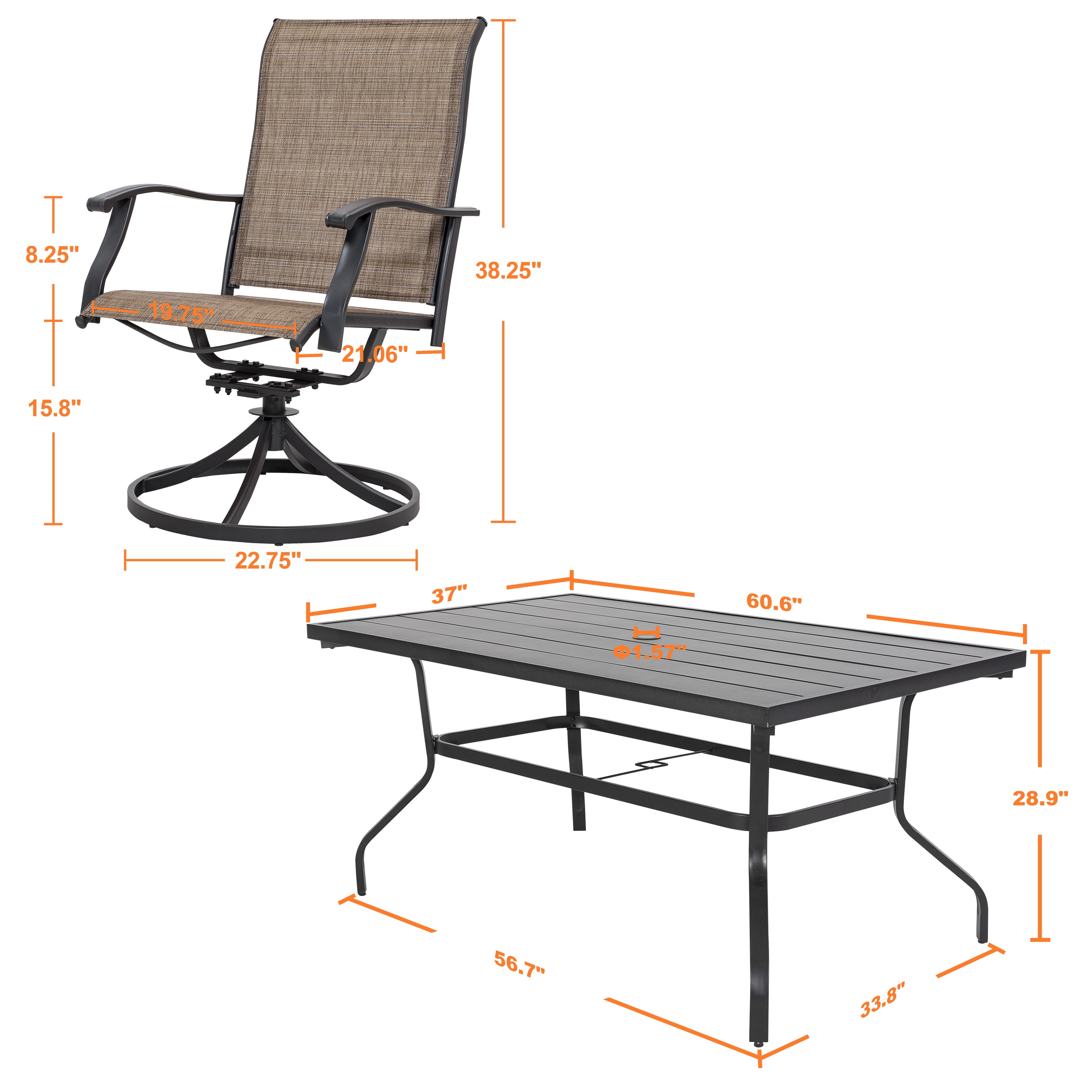 Nuu Garden 7 Piece Outdoor Dining Set Iron Patio Furniture Set 6 Swivel Patio Chairs and 1 Dining Table with 1.57 Inch Umbrella Hole for Lawn Backyard Balcony, Brown