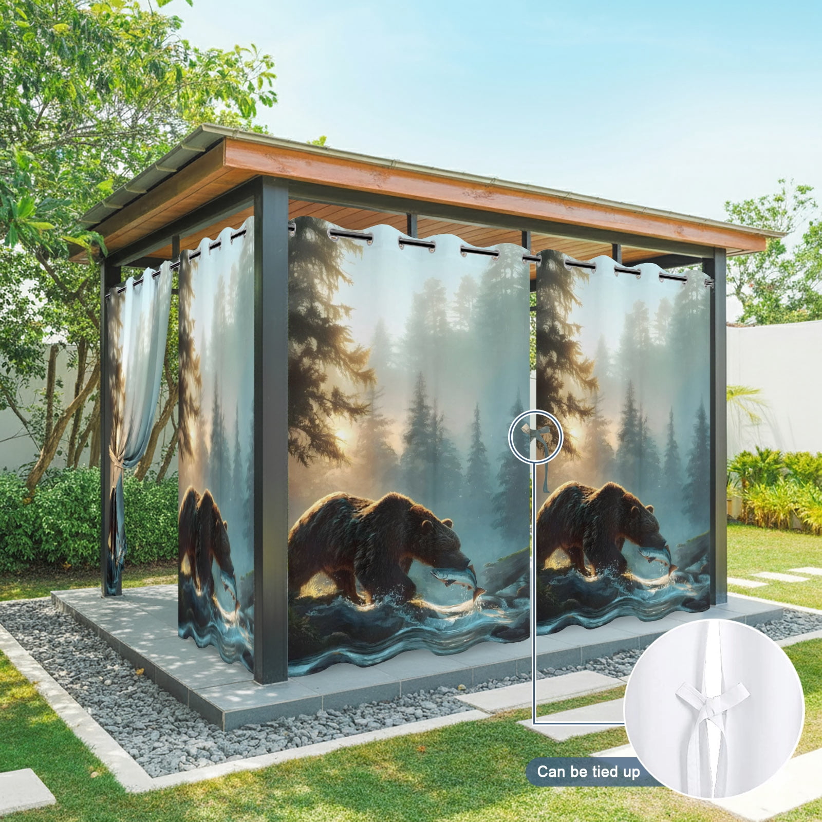 Bear Fishing Outdoor Curtains for Patio, Forest Stream Animals Sunshade Privacy Drapes Grommet Waterproof Outside Curtains for Porch/Cabana/Balcony 54"x 108", 1 Panel