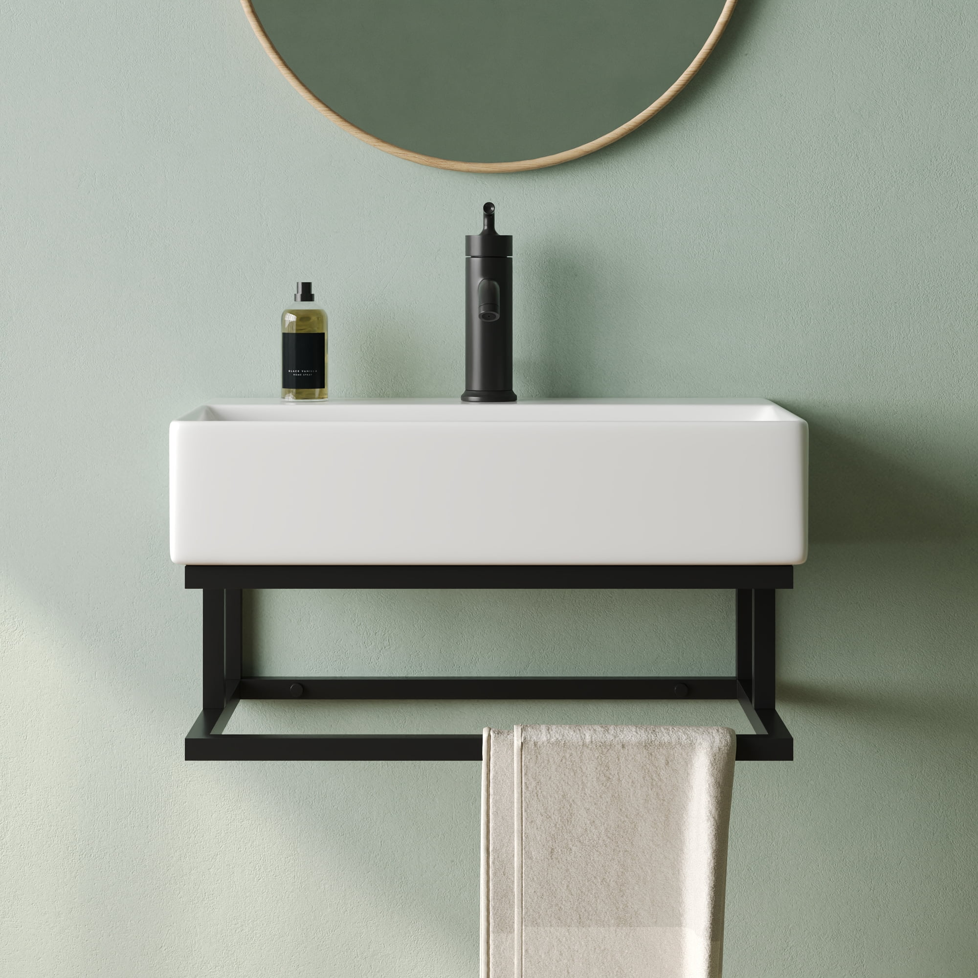 Deervalley 22"X14" White Wall Mounted Bathroom Sink With Black Towel Bar, Rectangular Bathroom Sink With Overflow DV-1WS0322B
