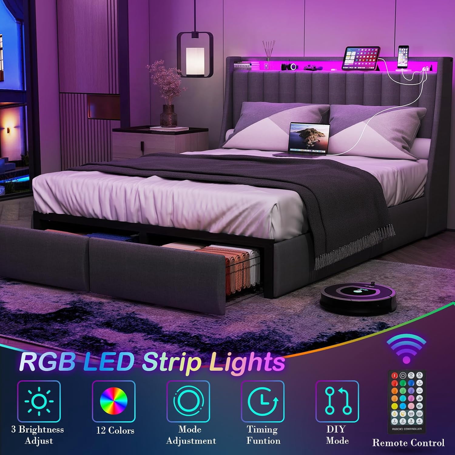 DRNANLIT Queen Bed Frame with 2 Storage Drawers, Platform Bed Frame Queen Size with LED Light, Upholstered Headboard, Charging Station, Steel Slat Support, No Box Spring Needed,Gray