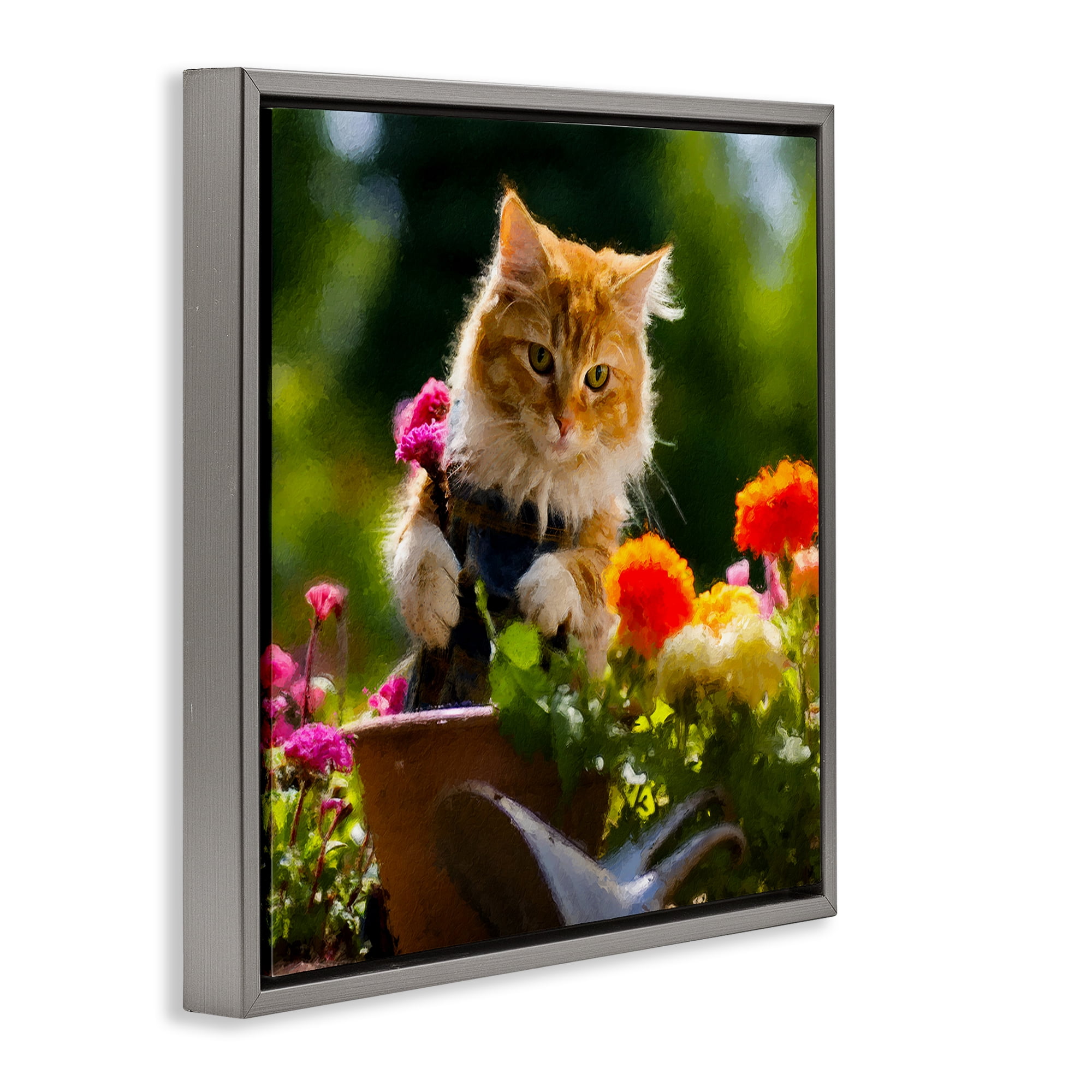 Stupell Industries Spring Gardener Kitten Animals & Insects Painting Gray Floater Framed Canvas Art Print Wall Art, 25 x 25