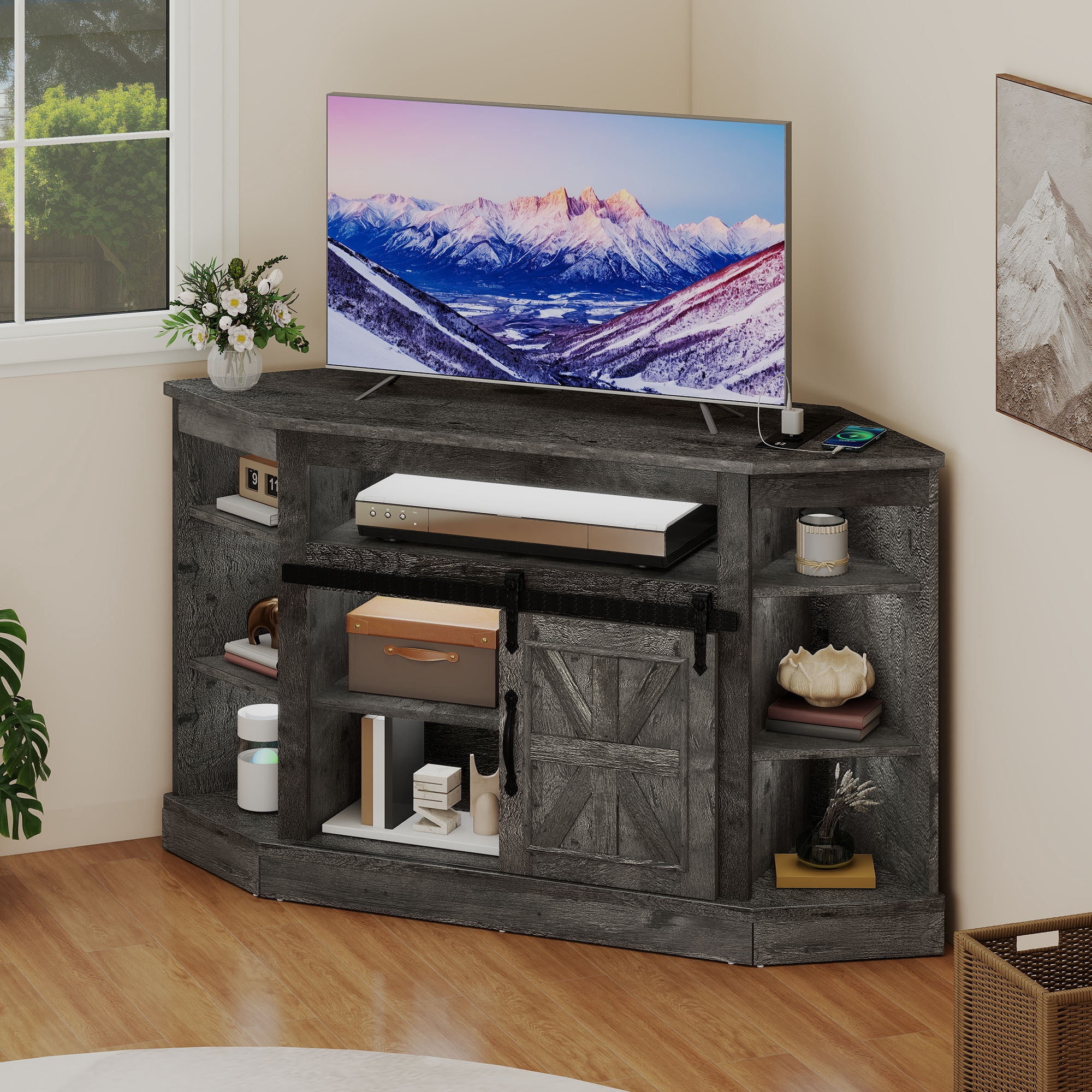 DEXTRUS Farmhouse Corner TV Stand for 50" TV, Entertainment Center with Sliding Barn Door, Dark Gray