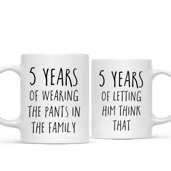Koyal Wholesale 5th Wedding Anniversary Coffee Mug, 5 Years of Wearing the Pants in the Family, Letting Him Think, 2-Pk