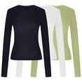 thumbnail image 5 of Aboser 3 Pack Womens Basic Crop Shirts Long Sleeve Y2k Tops Slim Fit Going Out Tees Cozy Soft Round Neck Tshirts Solid Color Casual T-Shirt Green L, 5 of 5