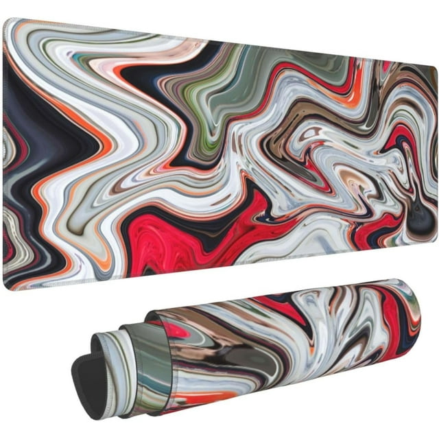 Marble Ink Mouse Pad 31.5 x 11.8 Inch XL Extended Large Keyboard NonSlip Rubber Base with Stitched Edges, Red and White Grey Marble Pattern for Home Office Gaming