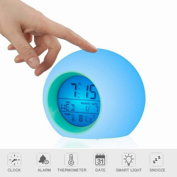 Alarm Clock for Kids Bedroom, Wake Up Light Digital Clock with Indoor Temperature & Calendar & 7 Colors Changing Light