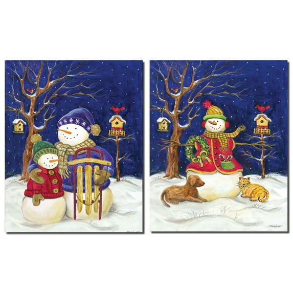 Classic Snowman and Friends; Holiday Decor; Two 11x14in Mounted Prints, Ready to Hang!