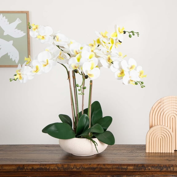Nearly Natural Phalaenopsis Orchid Artificial Floral Arrangement with Ceramic Planter - 23" - White