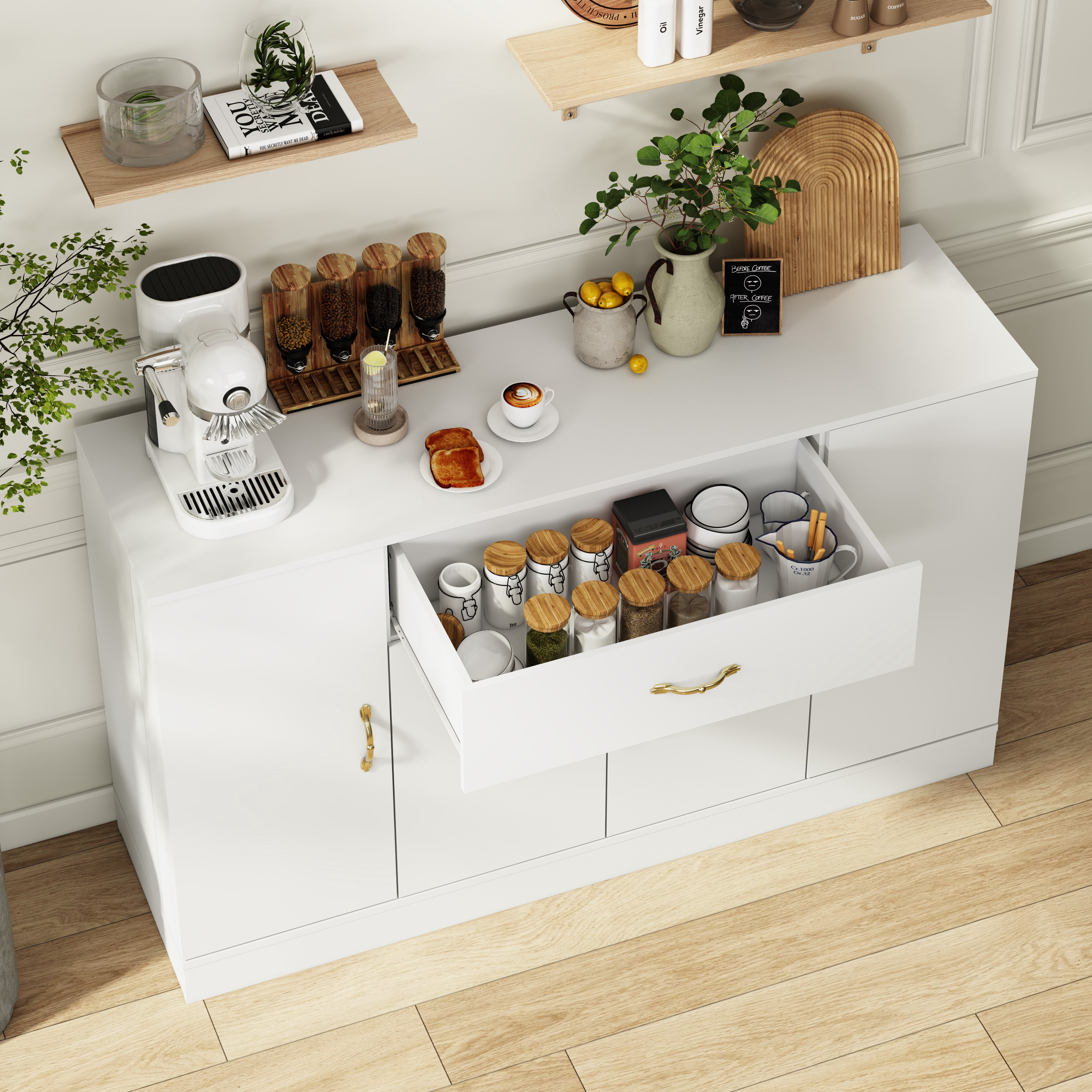 Mintazer Sideboard Buffet Cabinet with 4 Door, Storage Credenza with Drawer & Gold Metal Handles for Dining Room Entryway Living Room, White
