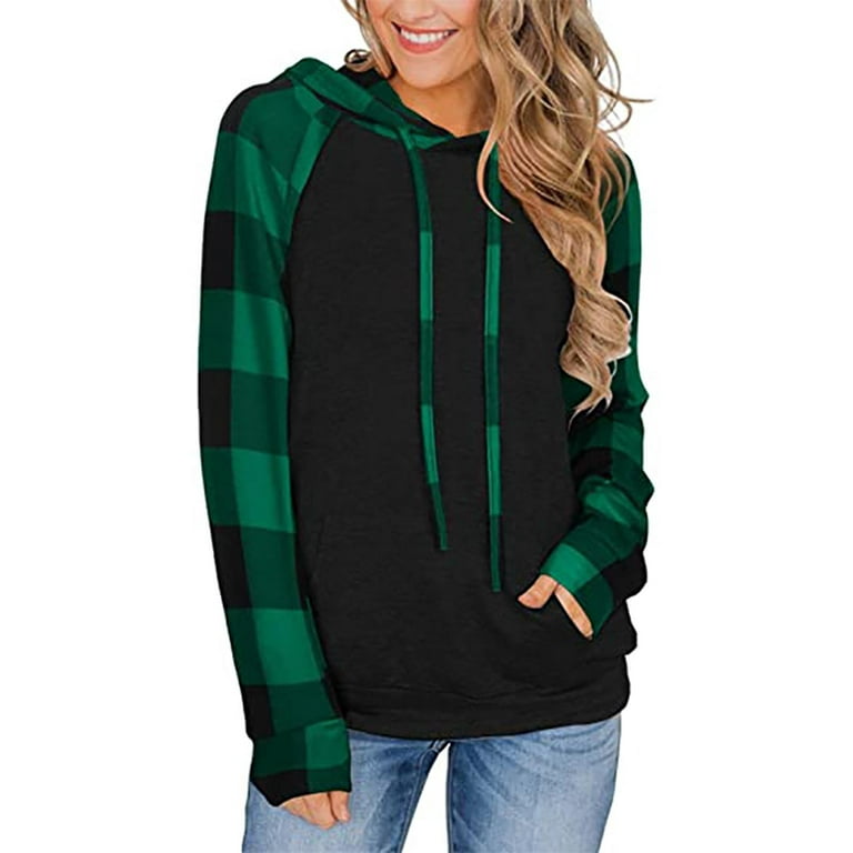 HAPIMO Discount Fashion Sweatshirts for Women Plaid Print Tops Basic Clothes  for Women Long Sleeve Blouse Cozy Casual Pockets Sweatshirt Hoodie  Drawstring Pullover Green S 