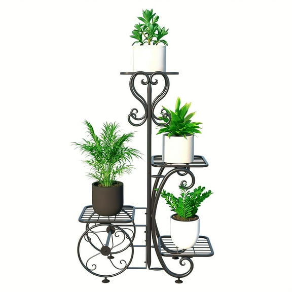 1pc 4-Tier Wrought Iron  Stand, Lacquered Finish, Floor Mounted Metal Shelf Rack for Indoor/Outdoor Use, Tall Corner Flower Pot Holder, Tiered Planter Display for Patio, Living Room, Balcony, Office