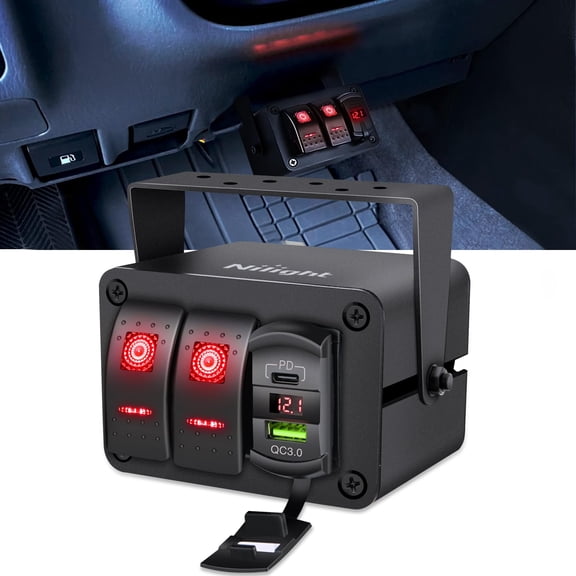 Nilight 2 Gang Rocker Switch Box 12V SPST ON Off Toggle Switches PD Type C and QC 3.0 USB Charger Voltmeter LED Light Waterproof Aluminum Mount Bracket Panel DIY Stickers for Boat Car RV Truck