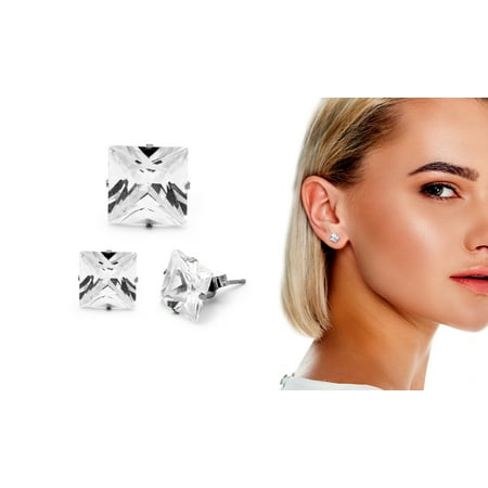 Unisex Cubic Zirconia Square Stud Earrings Stainless Steel Silver Jewelry