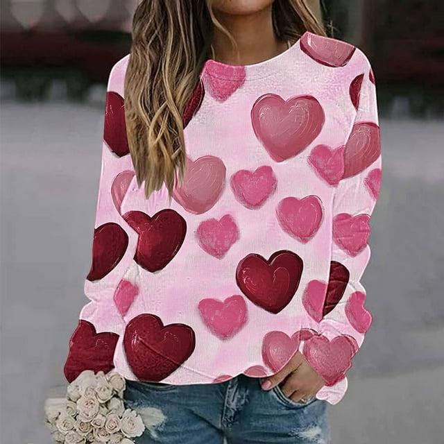 BVOFAR T-Shirts à Manches Longues Col Rond pour Femmes Imprimé Cœur Mignon Décontracté Grande Taille Tops Confortables 2025