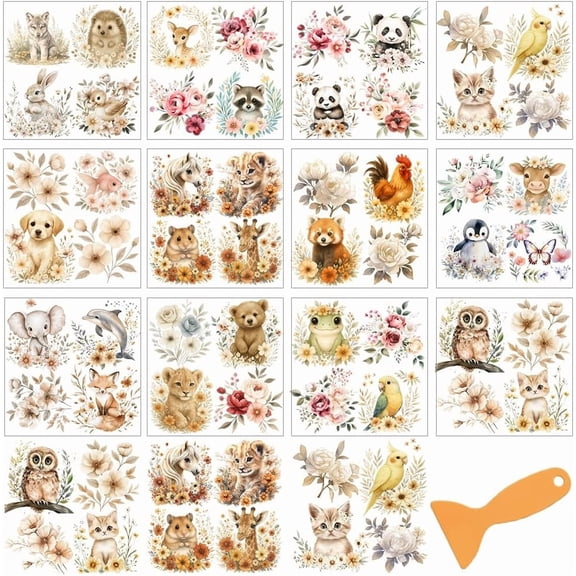 48 Styles Rub on Transfers for Crafts and Furniture 12 Sheets Pastel Animals Rub on Transfer Stickers Vintage Flower PVC Rub On Decals for DIY Home Window Craft Decor PVC