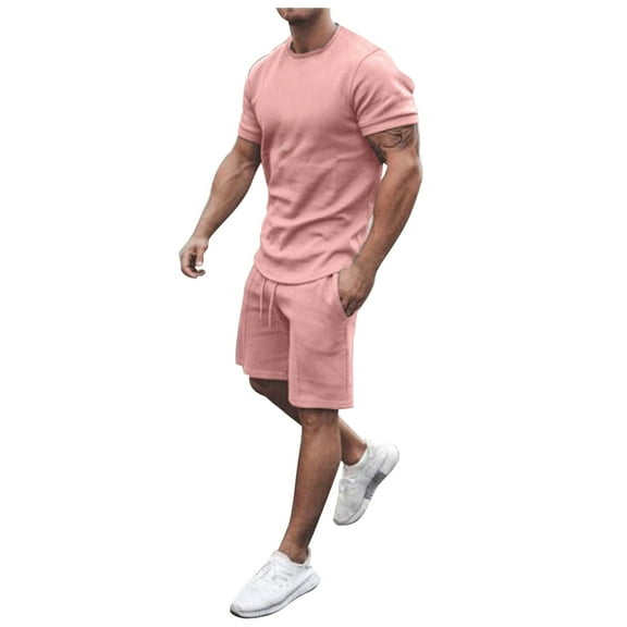 JLFKNG Oversized Men's 2Pcs Solid Color Outfits Short Sleeve Sports Shirts Athletic Shorts With Elastic Waist Drawstring Sets Loose Fit Comfy Summer Clothes