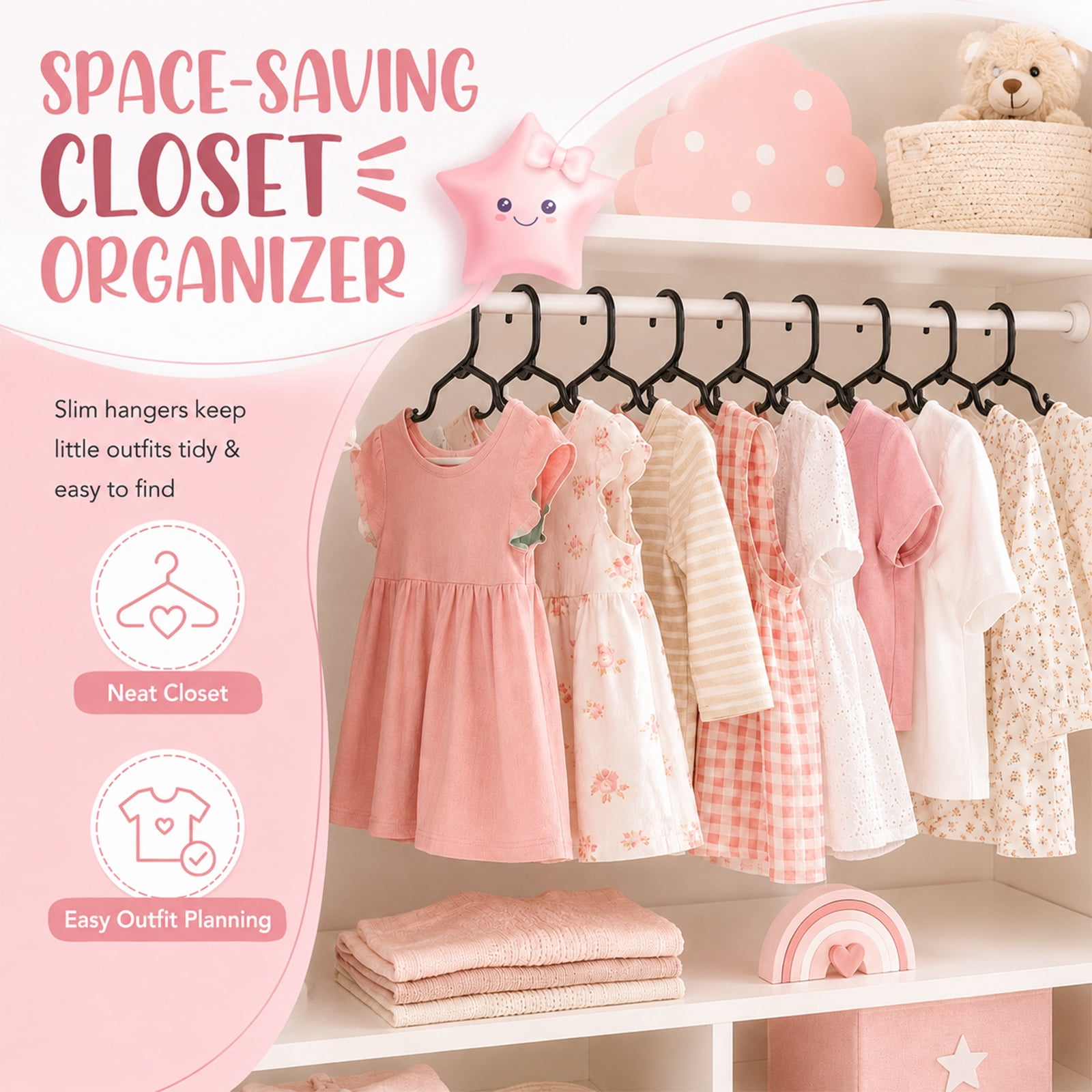 Cozymood  Baby Hangers 20 Pack, Kids Plastic Hangers for Nursery Closet, Space Saving Toddler Hangers for Infant & Child Clothes, Baby Clothes Hangers for Shirts, Pants, Coats, Black