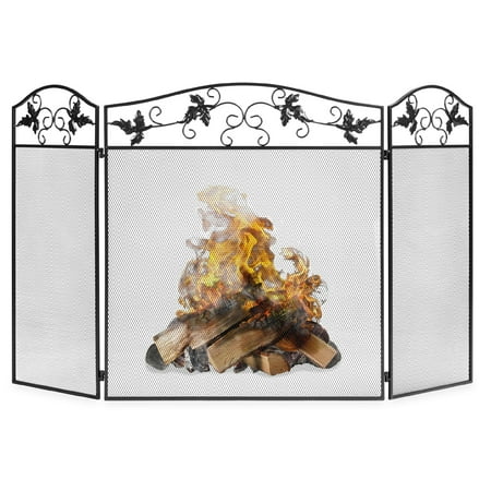 Best Choice Products 50x29in 3-Panel Handcrafted Wrought Iron Fireplace Screen w/ Decorative Leaf Scroll Design