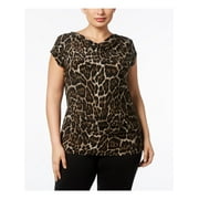 Anne Klein Womens Plus Animal Print Cap Sleeves Blouse