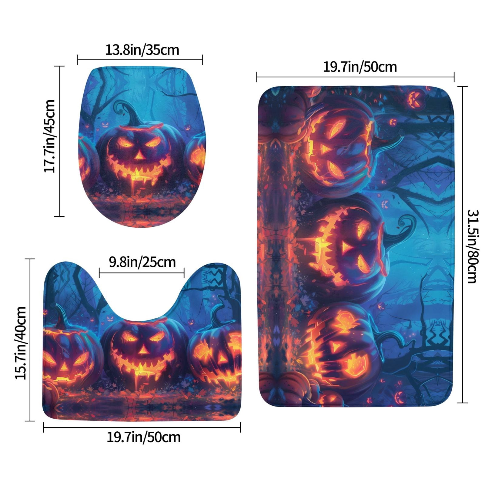 Bathroom Rugs Sets 3 Piece - Halloween Forest Pumpkin Lantern Absorbent Non Slip Bath Mats, U-Shape Toilet Lid Cover, Contour Mat, Soft Washable Shower Mats Bath Rug Mat for Bathroom Tub Toilet